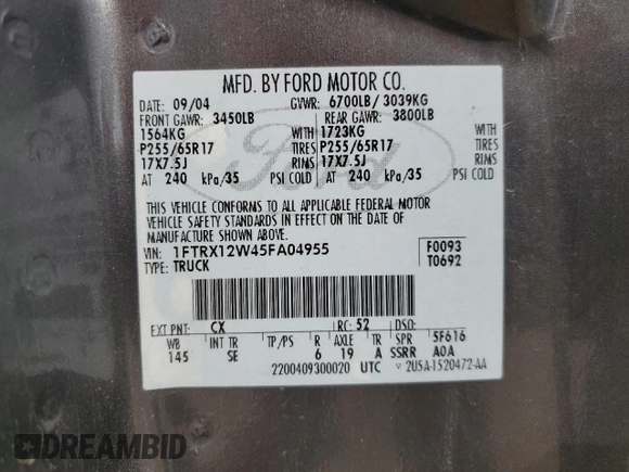 2005 Ford F-150 STX z VIN 1FTRX12W45FA04955, wystawiony jako Copart lot #54565015 z przebiegiem 189 505 mil mil oraz Szkoda całkowita • Salvage title. Historia ofert i sprzedaży dostępna na DreamBid. Obrazek 12.