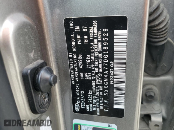 2013 Kia Optima LX with VIN 5XXGM4A77DG189529, listed as a Copart auction lot 49531365 with 175,356 mi miles and Salvage Title. Bid and sale history available at carsss.com. Image 12.