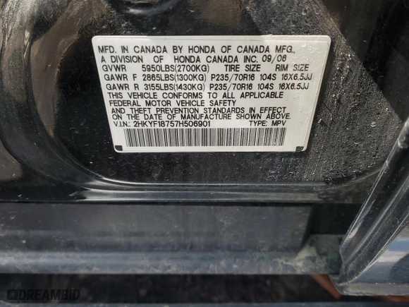 2007 Honda Pilot EX-L with VIN 2HKYF18757H506901, listed as a Copart auction lot 52852195 with 230,908 mi miles and Salvage Title. Bid and sale history available at carsss.com. Image 12.