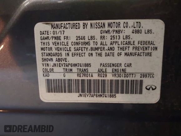 2017 Infiniti Q50 Signature Edition with VIN JN1EV7AP6HM741885, listed as a IAAI auction lot 41049360 with 88,637 mi miles and . Bid and sale history available at DreamBid. Image 9.