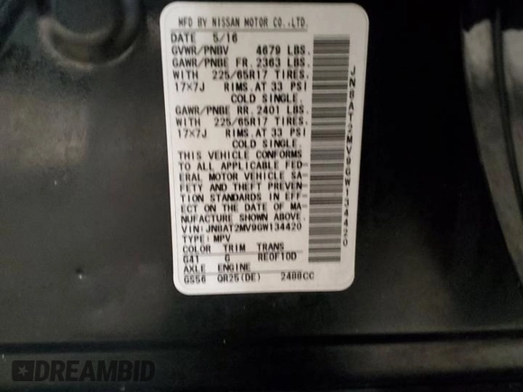 2016 Nissan Rogue S with VIN JN8AT2MV9GW134420, listed as a Copart auction lot 51180885 with 82,631 mi miles and Non Repairable. Bid and sale history available at DreamBid. Image 16.