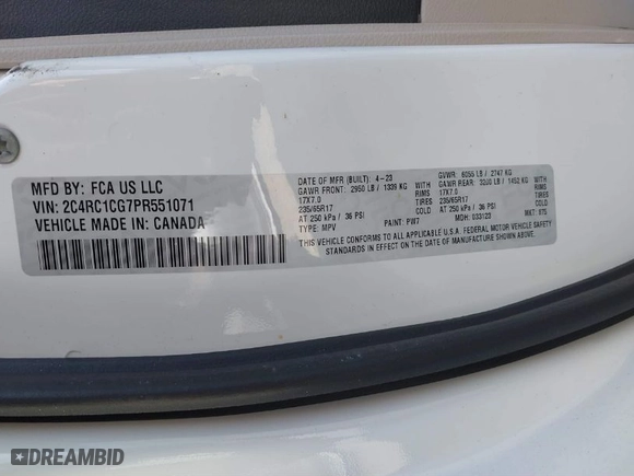 2023 Chrysler Voyager LX with VIN 2C4RC1CG7PR551071, listed as a IAAI auction lot 41889400 with 81,579 mi miles. Bid and sale history available at carsss.com. Image 9.
