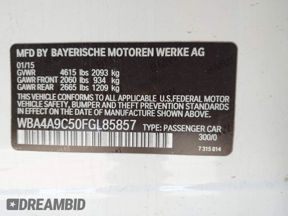 2015 BMW 4 Series 428i with VIN WBA4A9C50FGL85857, listed as a IAAI auction lot 42542619 with 136,411 mi miles and . Bid and sale history available at DreamBid. Image 9.