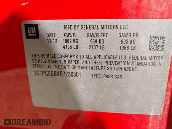 2014 Chevrolet Cruze 1LT z VIN 1G1PC5SBXE7230301, wystawiony jako IAAI lot #42403785 z przebiegiem 141 630 mil mil oraz . Historia ofert i sprzedaży dostępna na DreamBid. Obrazek 9.