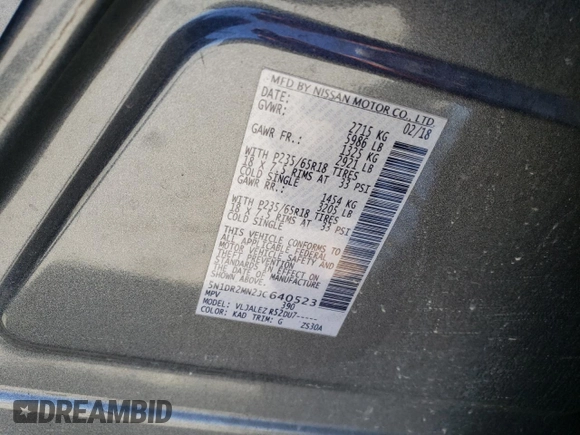 2018 Nissan Pathfinder SL with VIN 5N1DR2MN2JC640523, listed as a Copart auction lot 57519835 with 162,671 mi miles and Salvage title. Bid and sale history available at DreamBid. Image 13.