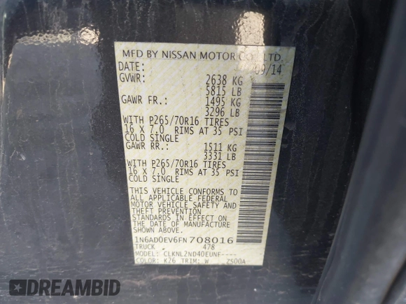 2015 Nissan Frontier Pro-4X with VIN 1N6AD0EV6FN708016, listed as a IAAI auction lot 41660814 with 86,676 mi miles and . Bid and sale history available at DreamBid. Image 9.