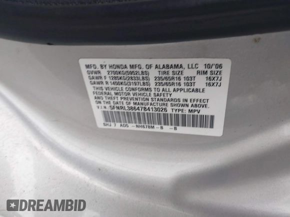 2007 Honda Odyssey EX-L with VIN 5FNRL38647B413026, listed as a IAAI auction lot 41824641 with 221,480 mi miles. Bid and sale history available at carsss.com. Image 9.