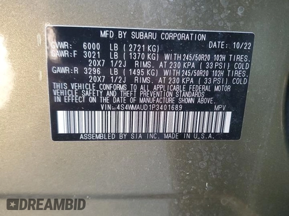 2023 Subaru Ascent Limited with VIN 4S4WMAUD1P3401689, listed as a Copart auction lot 57061235 with 41,342 mi miles and Salvage title. Bid and sale history available at DreamBid. Image 13.