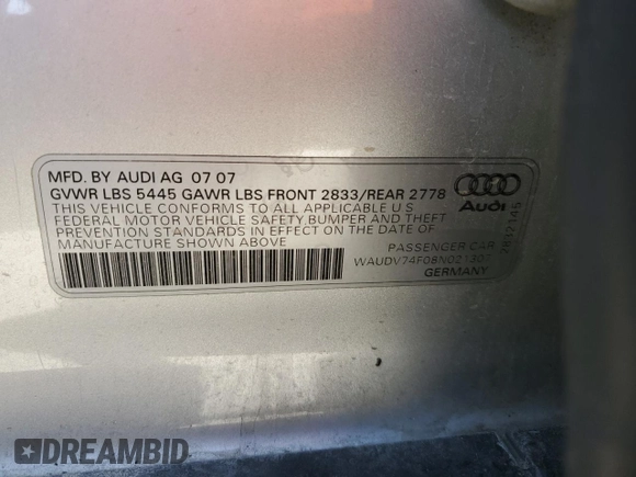 2008 Audi A6 z VIN WAUDV74F08N021307, wystawiony jako Copart lot #73353494 z przebiegiem 129 108 mil mil oraz Szkoda całkowita • Salvage title. Historia ofert i sprzedaży dostępna na DreamBid. Obrazek 12.
