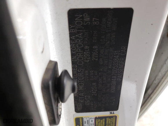 2013 Kia Optima LX with VIN KNAGM4A70D5338431, listed as a Copart auction lot 51904515 with 262,816 mi miles and Salvage Title. Bid and sale history available at carsss.com. Image 12.