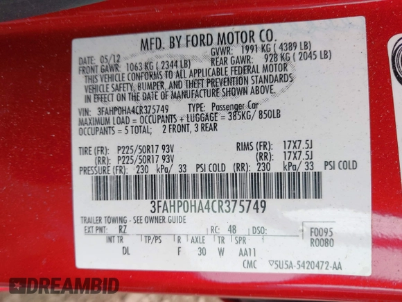 2012 Ford Fusion SE with VIN 3FAHP0HA4CR375749, listed as a IAAI auction lot 42502352 with Not provided miles and . Bid and sale history available at DreamBid. Image 9.