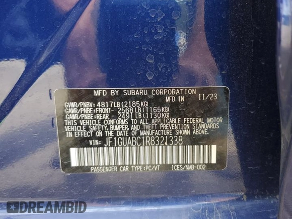 2024 Subaru Impreza z VIN JF1GUABC1R8321338, wystawiony jako Copart lot #57155825 z przebiegiem Nie podano mil oraz Szkoda całkowita • Salvage title. Historia ofert i sprzedaży dostępna na DreamBid. Obrazek 12.