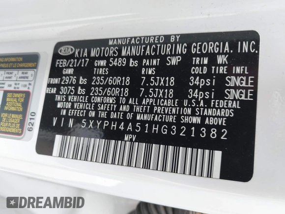 2017 Kia Sorento EX with VIN 5XYPH4A51HG321382, listed as a IAAI auction lot 42299413 with 62,921 mi miles and . Bid and sale history available at DreamBid. Image 9.