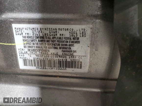 2023 Nissan Sentra SV z VIN 3N1AB8CV3PY316614, wystawiony jako Copart lot #56667655 z przebiegiem 14 864 mil mil oraz Szkoda całkowita • Salvage title. Historia ofert i sprzedaży dostępna na DreamBid. Obrazek 12.