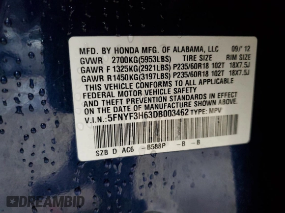 2013 Honda Pilot EX-L с VIN 5FNYF3H63DB003462, выставлен на аукционе Copart как лот 44728035 с пробегом 142 102 миль миль и Списание • Salvage title. История ставок и продаж доступна на DreamBid. Изображение 16.
