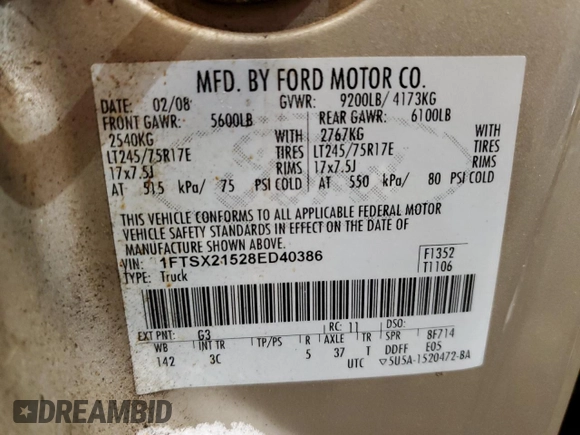 2008 Ford Super Duty F-250 SRW XL with VIN 1FTSX21528ED40386, listed as a Copart auction lot 89192065 with 107,137 mi miles and Salvage Title. Bid and sale history available at carsss.com. Image 14.