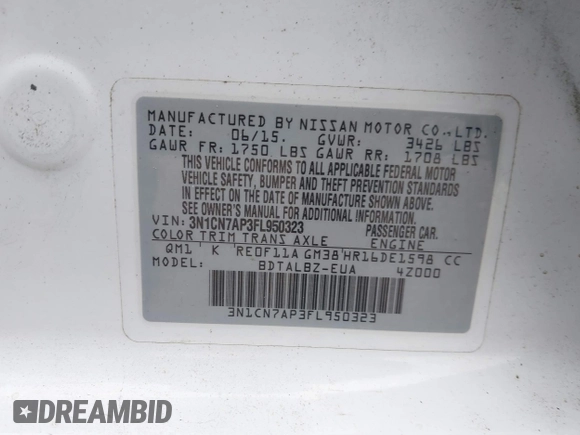 2015 Nissan Versa SV with VIN 3N1CN7AP3FL950323, listed as a IAAI auction lot 41522402 with 23,579 mi miles. Bid and sale history available at carsss.com. Image 9.