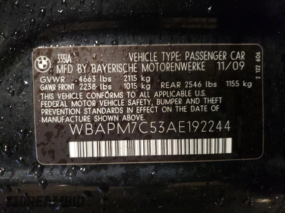 2010 BMW 3 Series 335i with VIN WBAPM7C53AE192244, listed as a Copart auction lot 87256274 with 100,298 mi miles and Clean title. Bid and sale history available at DreamBid. Image 12.