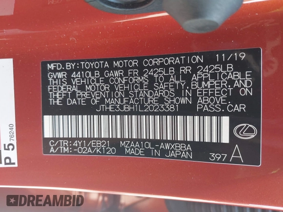 2020 Lexus UX 200 F Sport with VIN JTHE3JBH1L2023381, listed as a IAAI auction lot 41795195 with 88,098 mi miles and . Bid and sale history available at DreamBid. Image 9.