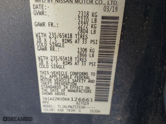 2019 Nissan Murano SV with VIN 5N1AZ2MJ0KN126661, listed as a Copart auction lot 81329644 with 89,908 mi miles and Salvage Title. Bid and sale history available at carsss.com. Image 13.