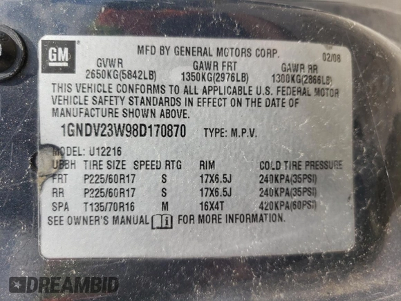 2008 Chevrolet Uplander LS with VIN 1GNDV23W98D170870, listed as a Copart auction lot 50474234 with 139,239 mi miles and Salvage Title. Bid and sale history available at carsss.com. Image 14.