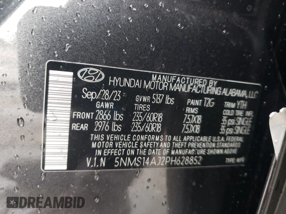 2023 Hyundai Santa Fe SE with VIN 5NMS14AJ2PH628852, listed as a Copart auction lot 49631325 with 14,804 mi miles and Salvage title. Bid and sale history available at DreamBid. Image 16.