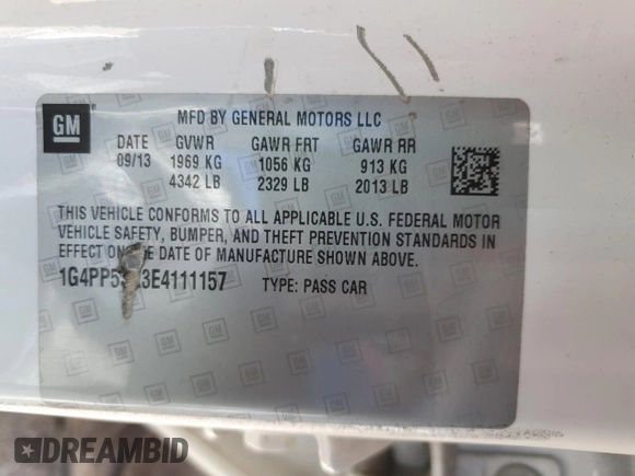 2014 Buick Verano with VIN 1G4PP5SK3E4111157, listed as a Copart auction lot 54974245 with 209,159 mi miles and Non Repairable. Bid and sale history available at DreamBid. Image 12.