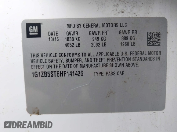 2017 Chevrolet Malibu LS with VIN 1G1ZB5ST6HF141436, listed as a IAAI auction lot 41894113 with 154,521 mi miles and . Bid and sale history available at carsss.com. Image 9.
