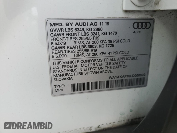2020 Audi Q7 Premium with VIN WA1AXAF78LD000670, listed as a Copart auction lot 60651165 with 63,220 mi miles and Clean title. Bid and sale history available at DreamBid. Image 13.