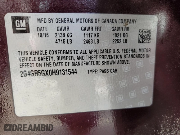 2017 Buick Regal Premium II with VIN 2G4GR5GX0H9131544, listed as a Copart auction lot 43786165 with 122,983 mi miles and Salvage Title. Bid and sale history available at carsss.com. Image 13.