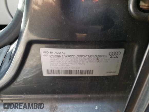 2005 Audi A4 1.8T SE with VIN WAULC68E95A106470, listed as a Copart auction lot 45320325 with 132,985 mi miles and Salvage Title. Bid and sale history available at carsss.com. Image 12.