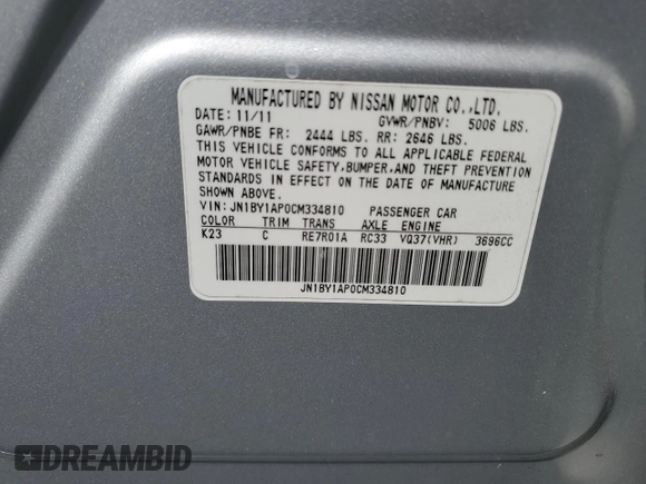 2012 Infiniti M z VIN JN1BY1AP0CM334810, wystawiony jako Copart lot #58928625 z przebiegiem Nie podano mil oraz Szkoda całkowita • Salvage title. Historia ofert i sprzedaży dostępna na DreamBid. Obrazek 12.
