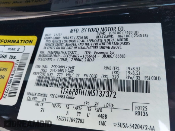 2021 Ford Mustang EcoBoost with VIN 1FA6P8TH1M5137372, listed as a IAAI auction lot 42031716 with 58,475 mi miles and . Bid and sale history available at DreamBid. Image 9.