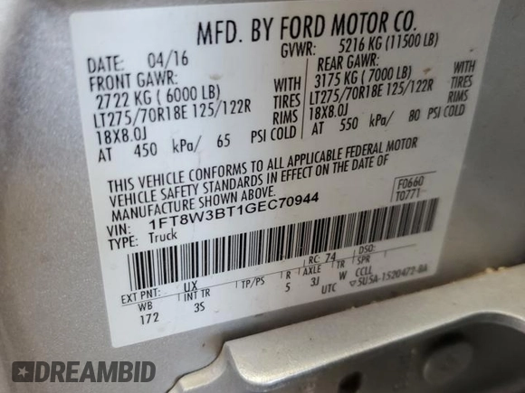 2016 Ford F-350 Platinum with VIN 1FT8W3BT1GEC70944, listed as a Copart auction lot 41298774 with 129,636 mi miles and Salvage title. Bid and sale history available at DreamBid. Image 12.