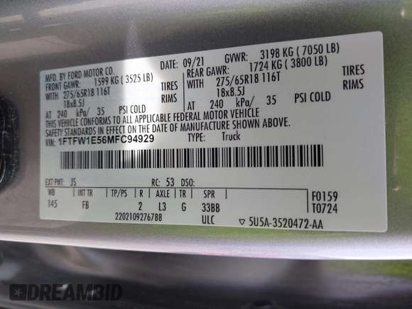 2021 Ford F-150 XL с VIN 1FTFW1E56MFC94929, выставлен на аукционе IAAI как лот 42528522 с пробегом 64 019 миль миль и . История ставок и продаж доступна на DreamBid. Изображение 9.
