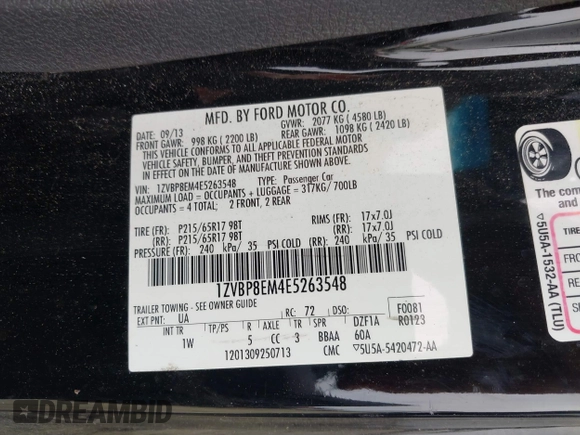 2014 Ford Mustang V6 with VIN 1ZVBP8EM4E5263548, listed as a IAAI auction lot 40331377 with 71,505 mi miles. Bid and sale history available at carsss.com. Image 9.