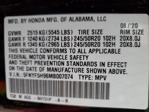 2021 Honda Pilot Touring 8-Passenger with VIN 5FNYF5H96MB007074, listed as a Copart auction lot 48806165 with Not Provided miles and Salvage Title. Bid and sale history available at DreamBid. Image 13.