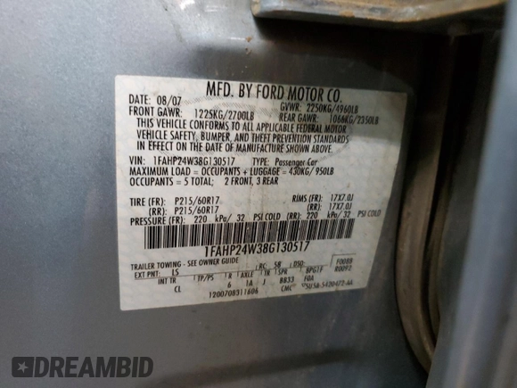 2008 Ford Taurus SEL with VIN 1FAHP24W38G130517, listed as a Copart auction lot 53086395 with 128,777 mi miles and Salvage Title. Bid and sale history available at carsss.com. Image 12.