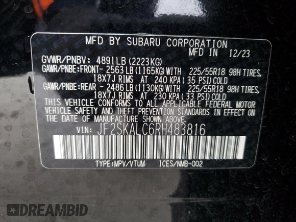 2024 Subaru Forester Limited with VIN JF2SKALC6RH483816, listed as a Copart auction lot 44246695 with 17,944 mi miles and Salvage Title. Bid and sale history available at carsss.com. Image 13.