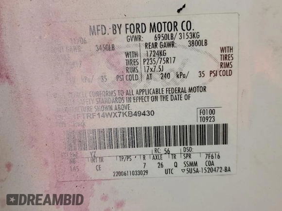 2007 Ford F-150 XL z VIN 1FTRF14WX7KB49430, wystawiony jako Copart lot #59570415 z przebiegiem 249 154 mil mil oraz Czysty tytuł • Clean title. Historia ofert i sprzedaży dostępna na DreamBid. Obrazek 12.