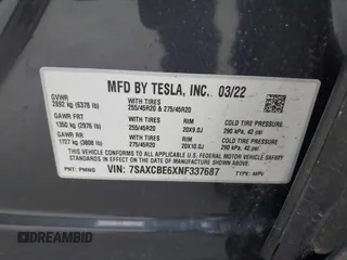 2022 Tesla Model X Plaid with VIN 7SAXCBE6XNF337687, listed as a IAAI auction lot 42035097 with 18,756 mi miles and . Bid and sale history available at DreamBid. Image 9.