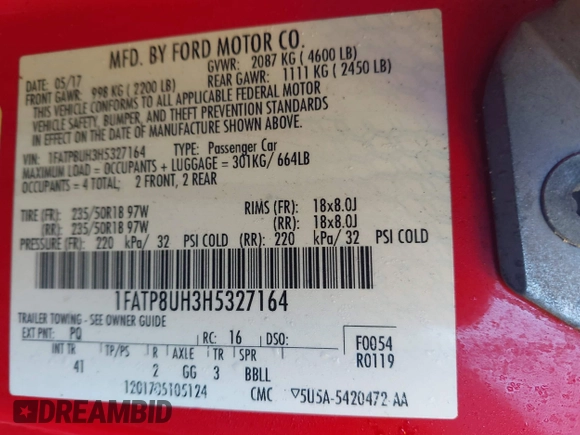 2017 Ford Mustang EcoBoost Premium with VIN 1FATP8UH3H5327164, listed as a IAAI auction lot 40997246 with 119,442 mi miles. Bid and sale history available at carsss.com. Image 9.