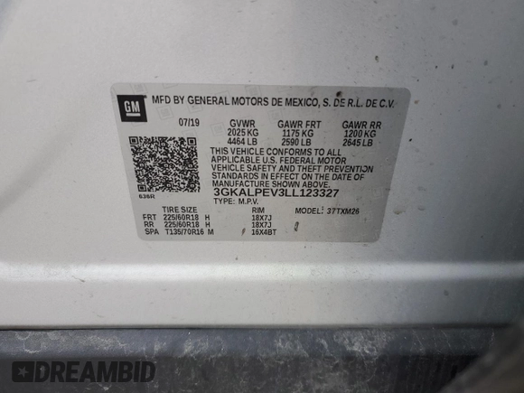 2020 GMC Terrain SLT with VIN 3GKALPEV3LL123327, listed as a Copart auction lot 85270414 with 111,640 mi miles and Salvage Title. Bid and sale history available at DreamBid. Image 13.