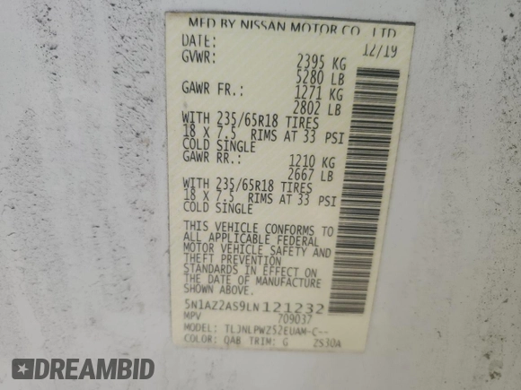 2020 Nissan Murano S with VIN 5N1AZ2AS9LN121232, listed as a Copart auction lot 47212645 with 53,828 mi miles and Salvage Title. Bid and sale history available at DreamBid. Image 14.