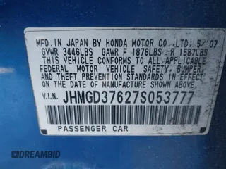2007 Honda Fit Sport with VIN JHMGD37627S053777, listed as a IAAI auction lot 41458050 with 189,250 mi miles. Bid and sale history available at carsss.com. Image 9.