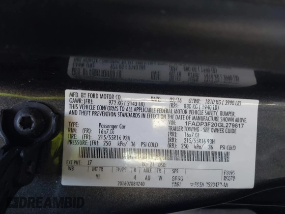 2016 Ford Focus SE with VIN 1FADP3F20GL279617, listed as a IAAI auction lot 41889794 with 155,866 mi miles. Bid and sale history available at carsss.com. Image 9.