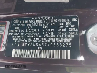 2019 Kia Sorento SX V6 with VIN 5XYPKDA57KG533275, listed as a IAAI auction lot 41964458 with 75,346 mi miles. Bid and sale history available at carsss.com. Image 9.