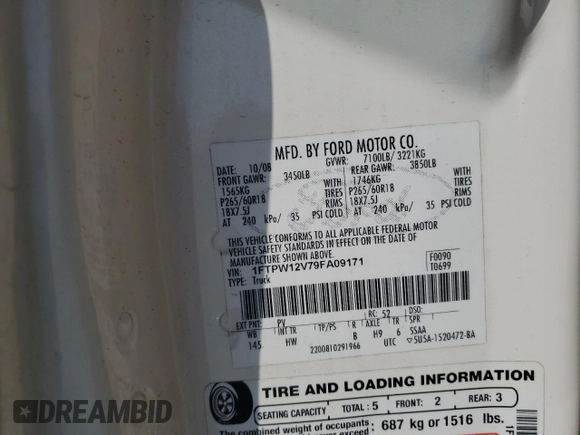 2009 Ford F-150 XL с VIN 1FTPW12V79FA09171, выставлен на аукционе Copart как лот 61936715 с пробегом 246 005 миль миль и Списание • Salvage title. История ставок и продаж доступна на DreamBid. Изображение 12.
