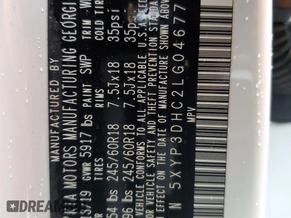 2020 Kia Telluride EX with VIN 5XYP3DHC2LG046777, listed as a Copart auction lot 57917025 with 66,494 mi miles and Salvage title. Bid and sale history available at DreamBid. Image 14.