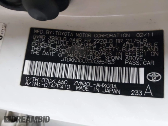 2011 Toyota Prius I with VIN JTDKN3DU7B0285453, listed as a IAAI auction lot 41608829 with 163,091 mi miles and . Bid and sale history available at DreamBid. Image 9.